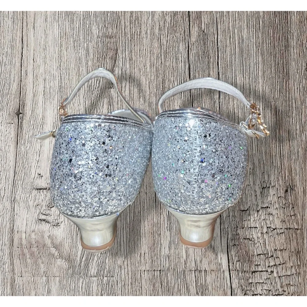 Girls Silver Glitter Heels Dress Party Wedding Shoes Princess Pumps Size 4.5